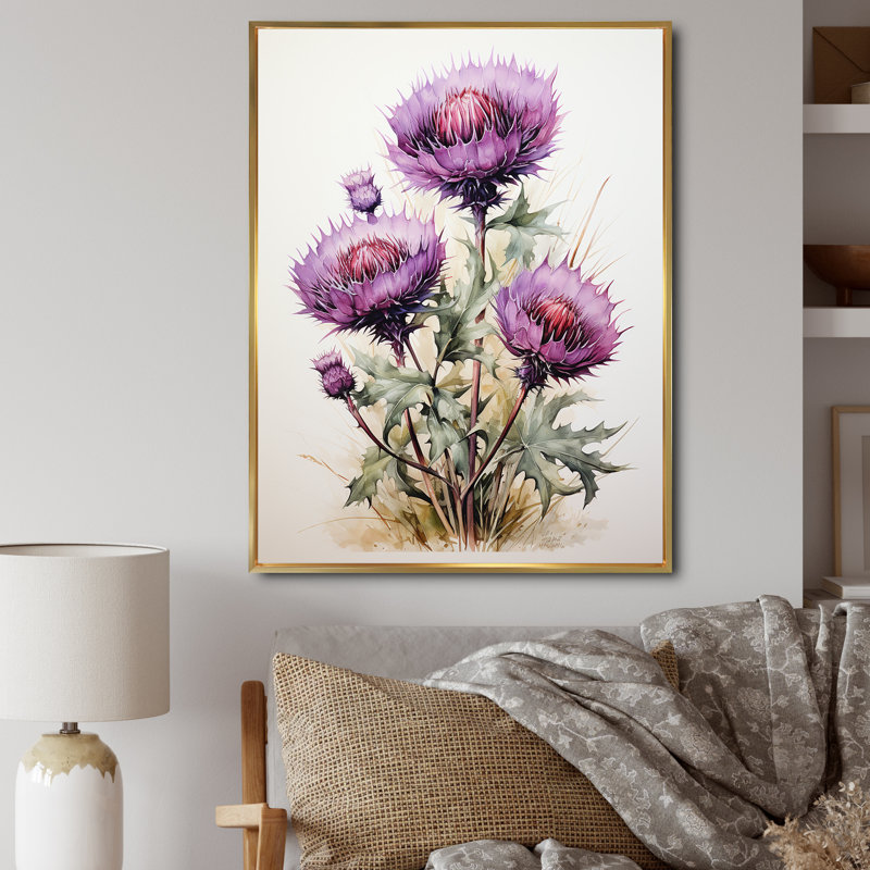 Enduro mauve élégance de fleur de chardon, Cadre flottant doré, H 32 po x l 24 po x P 1 po