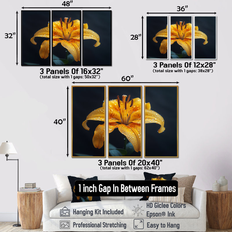 Jaune et noir, lis, printemps, beauté, lys, ensemble d'art mural, Toile argentée avec cadre flottant