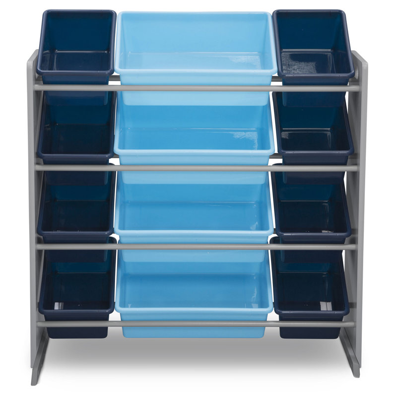 Gray and Blue Wooden Kids Toy Storage Organizer with 12 Plastic Bins