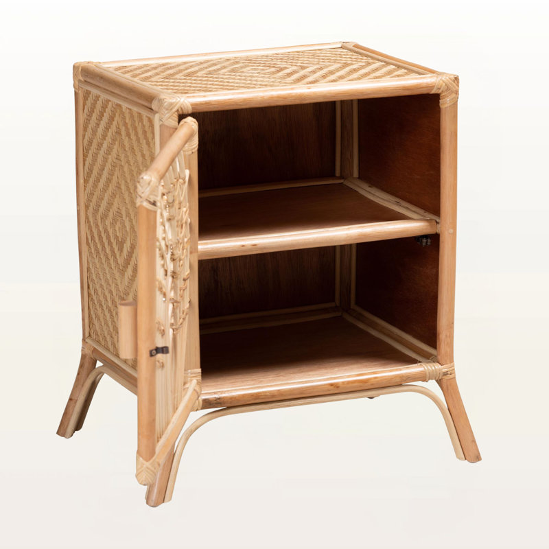 Table de chevet en rotin brun naturel à 2 tablettes avec porte H 23,41 po x l 21,78 po x P 15,56 po Zane