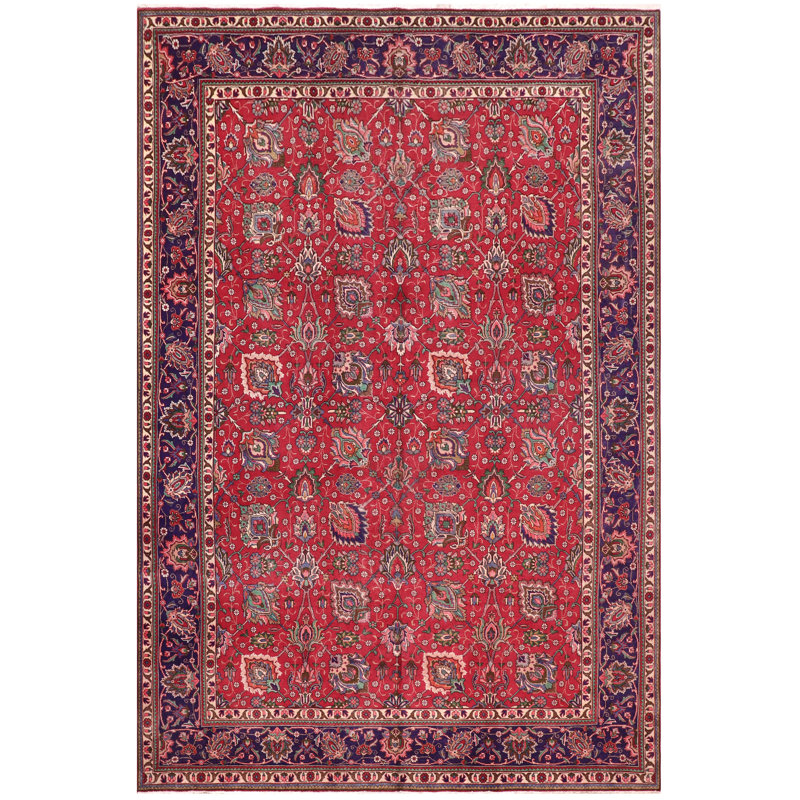 Tapis rouge rétro en laine noué à la main Tabriz Knight - 9 pi 8 po x 15 pi 0 po