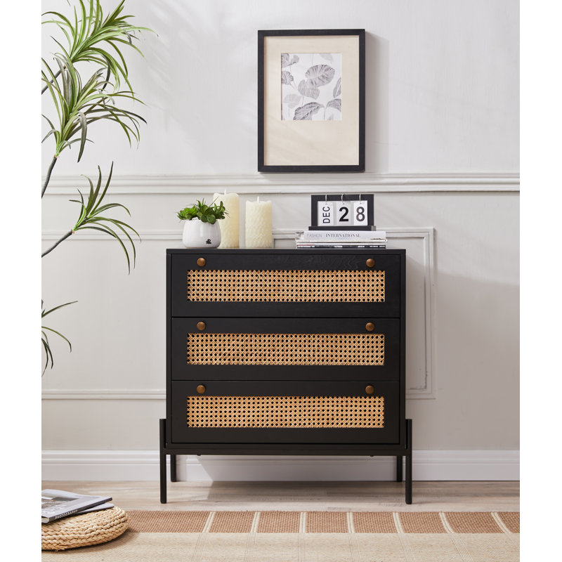 Armoire à tiroirs autoportante, armoire de rangement avec 3 tiroirs décoratifs en rotin, armoire de rangement dans le vestibule