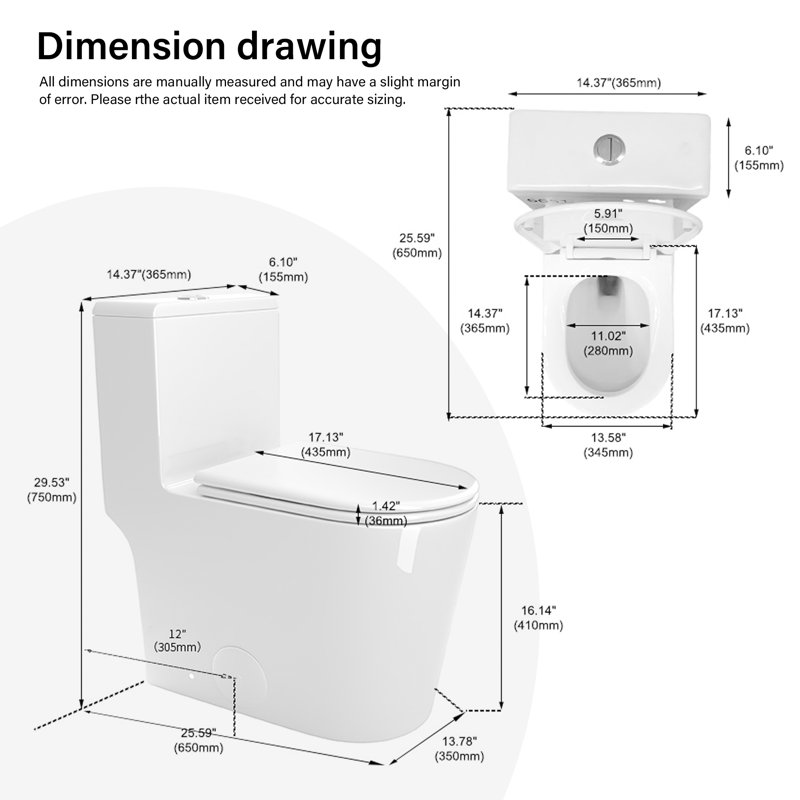 Toilette allongée à hauteur confortable de 14,37 po en céramique blanche certifiée CUPC, chasse d'eau très grande, double chasse, céramique, Watersense, résistante aux fuites, aux taches et aux antimicrobiens