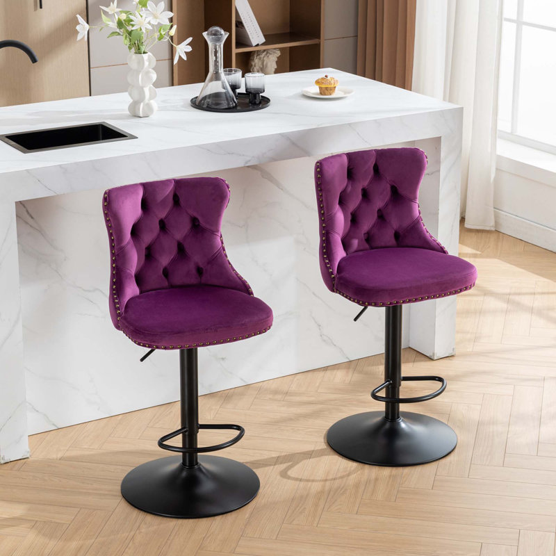 Alduin Swivel Upholstered Adjustable Height Counter Stool, Black, Purple Velvet