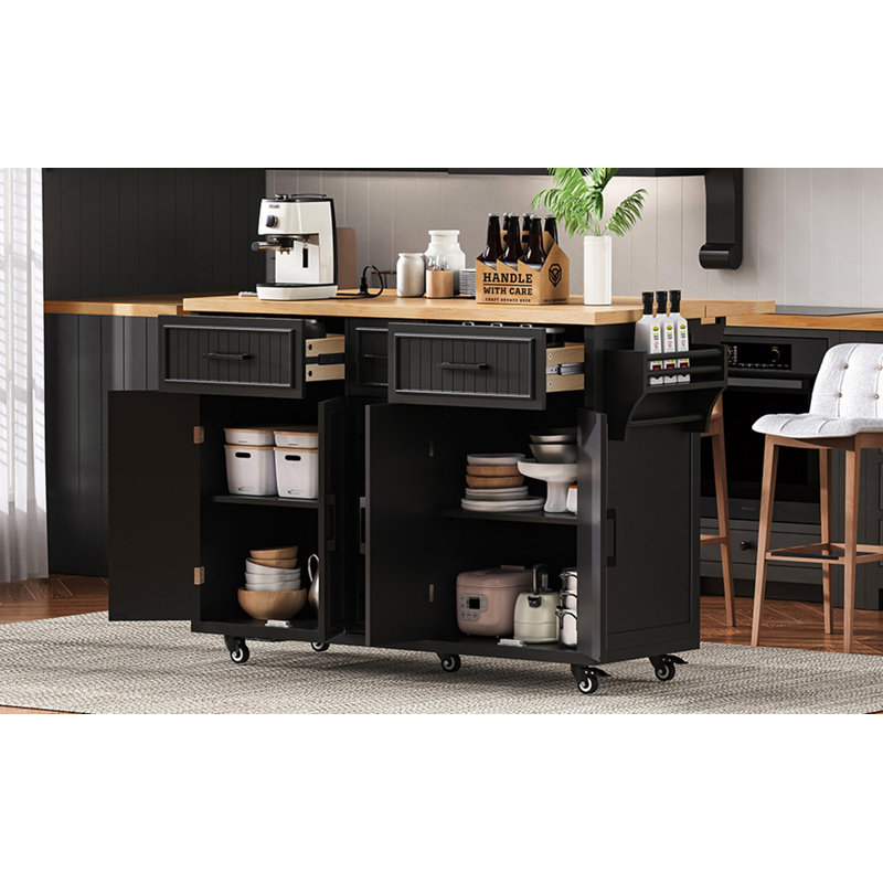 Îlot de cuisine 56,5 po avec rallonge, prise électrique avec 4 portes, 5 tiroirs profonds et tablettes réglables, pour la cuisine, la salle à manger
