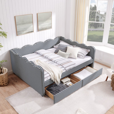 Cozy Gingham Daybed With Two Storage Drawers, With USB Port And Adorable Wave Shaped, Linen Fabric
