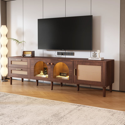 Meuble audio-vidéo avec 2 tiroirs et 3 armoires, meuble télé de 80 po, dispositif de gestion des câbles pour le salon, la chambre à coucher,
