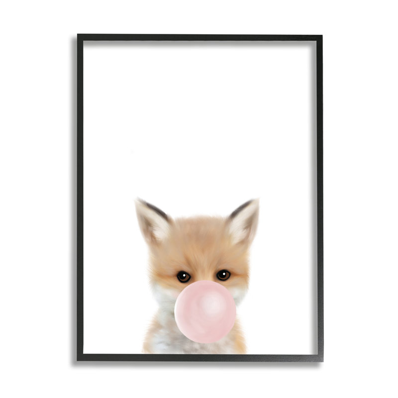 Bébé renard roux avec gomme à bulles rose, H 14 po x l 11 po x P 1,5 po, Giclée encadrée noir minuit