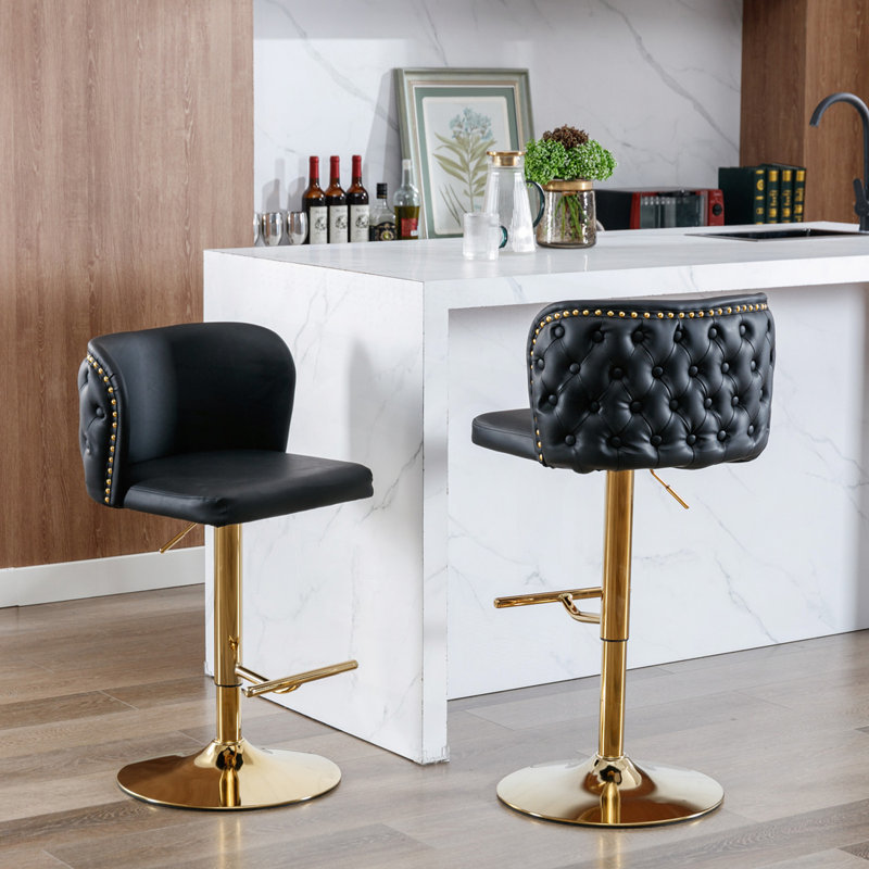 Jeneanne Upholstered Adjustable Height Counter Stool, Black Leather, Gold