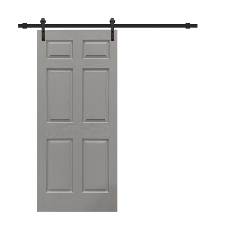 30 In. X 80 In. Light Grey Painted Finished Composite MDF 6 Panel Interiorsliding  Barn Door With Hardware Kit, Black