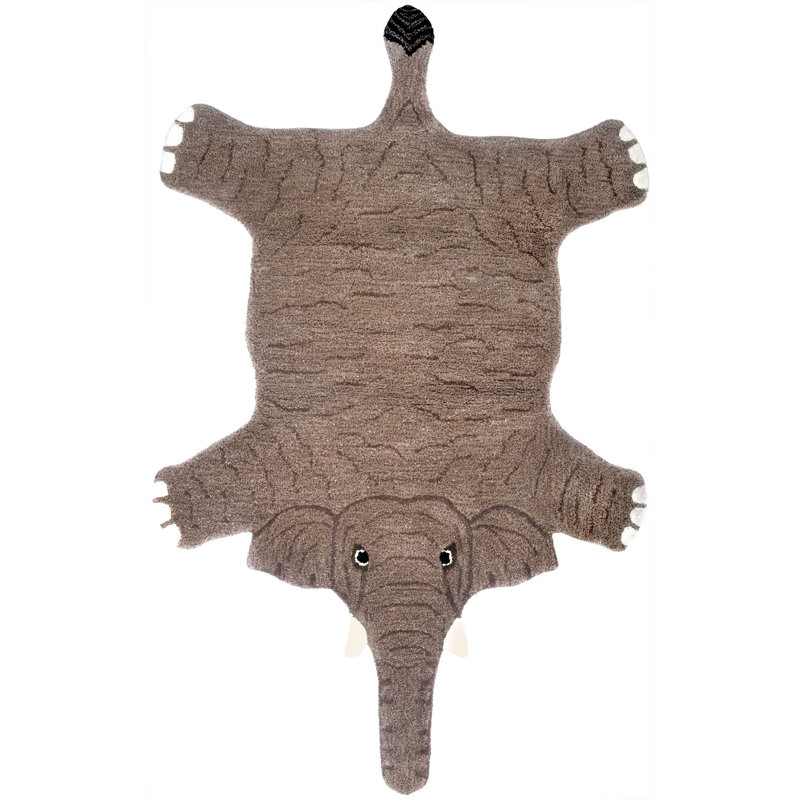 Tapis en velours brodé éléphant Asana, Brun