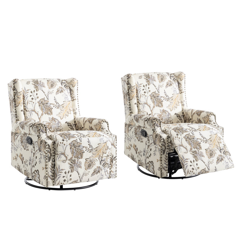 Upholstered Classic Wing Back Manual Handle Swivel Rock Glider Recliner with Naihead Trims, Plants Beige