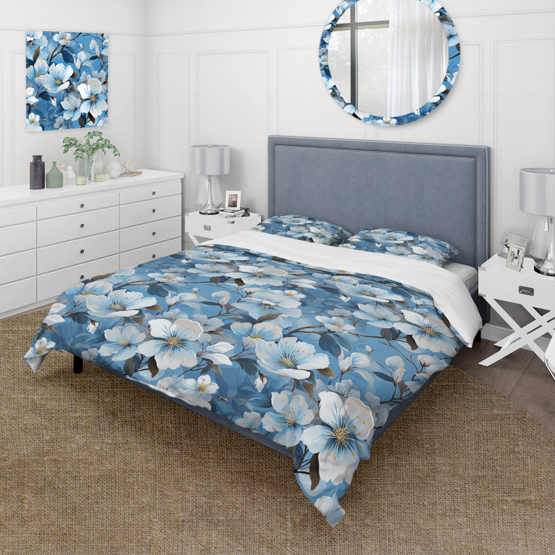 Motif floral blanc et bleu - Ensemble de housse de couette floral - Polyester en microfibre