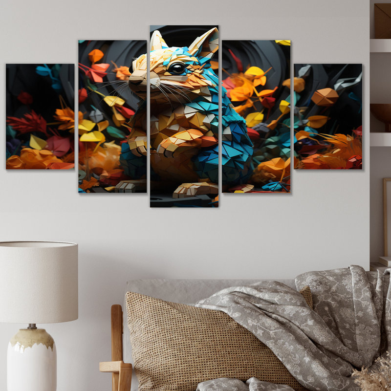 Colorful Squirrel Squirrels Antics Geometric - Animals Wall Decor - 5 Panels