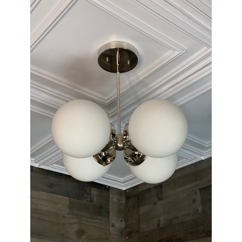 Lustre moderne 5 lumières Mid-Century, Nickel poli, Blanc