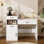 Bureau de coiffeuse 3 en 1 avec miroir rabattable, coiffeuse de maquillage compacte en verre et rangement caché, coiffeuse avec 3 tiroirs et armoire, coiffeuse peu encombrante pour la chambre à coucher, blanc