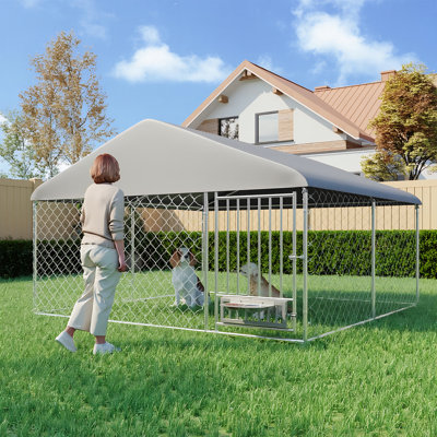 Large Outdoor Dog Kennel, Heavy Duty Outdoor Dog Kennel With Waterproof Cover And Rotating Feeder, Galvanized Steel Metal Outside Dog Kennel With Lock