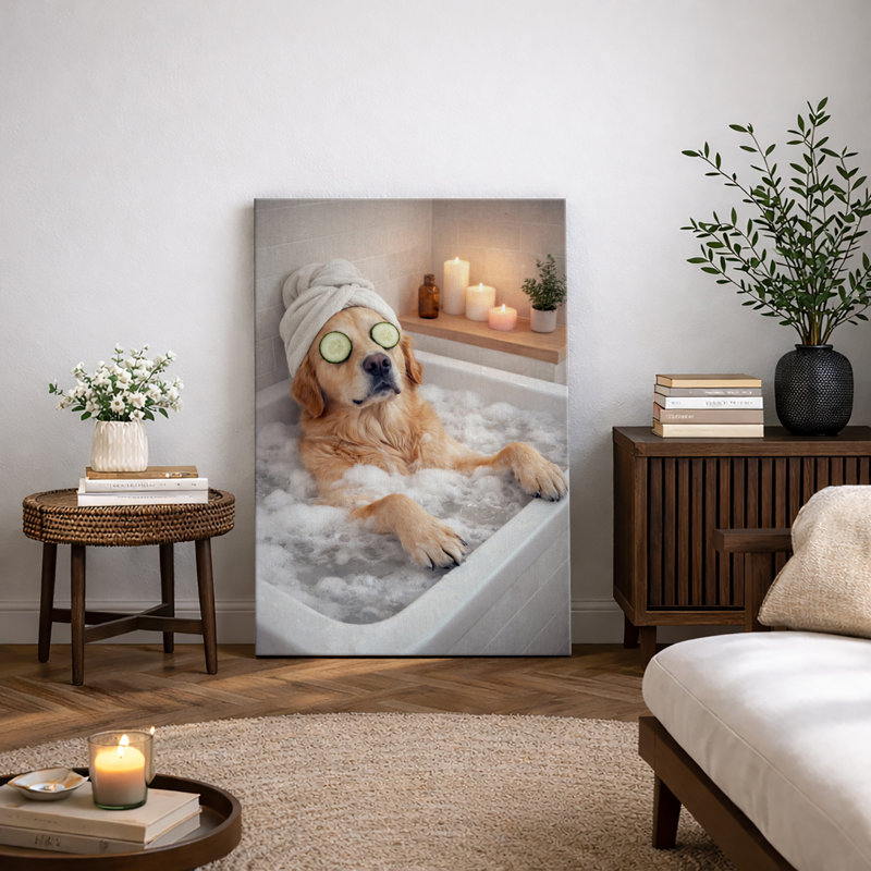 «Relaxing Golden Retriever Spa Bath», impression sur toile, impression sur toile encadrée, H 24 po x l 16 po x P 1,5 po