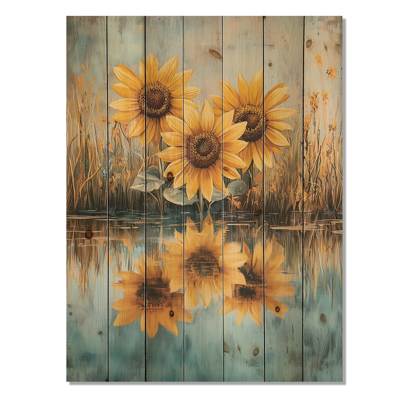 Tournesols en réflexion II - décoration murale en bois de tournesols - sur bois de pin naturel, H 20 po x l 10 po x P 0,78 po