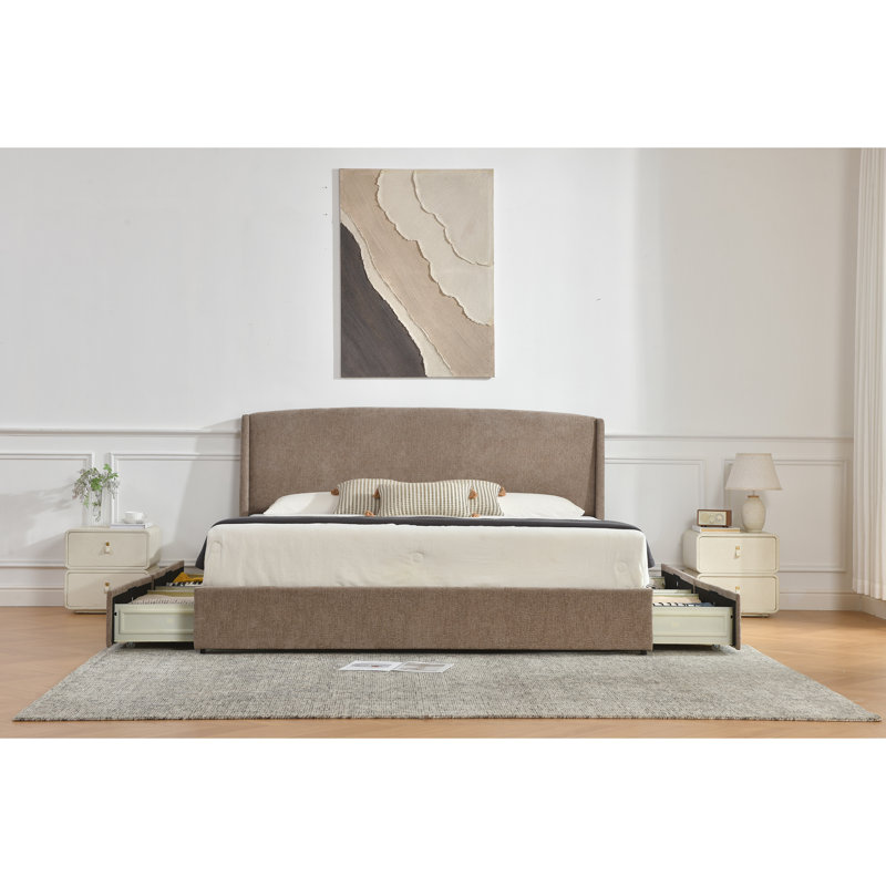 Lit plateforme tapissier avec 4 tiroirs Braya, Très grand lit, Marron clair