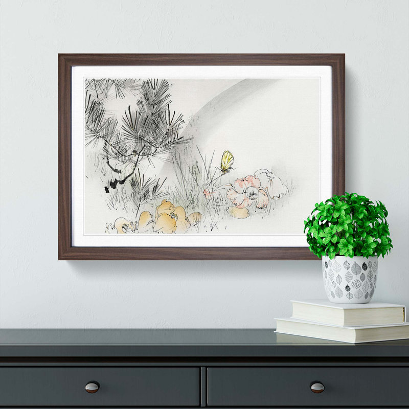 Butterfly & Pine Tree by Watanabe Seitei - Picture Frame Art Print, 62cm H x 87cm W x 2cm D, Walnut Framed