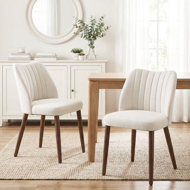 Modern Upholstered Dining Side Chair with Wooden Legs, Beige
