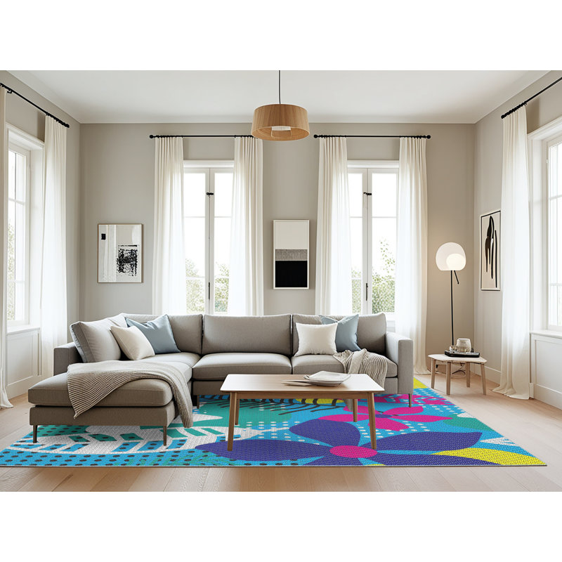 Tapis bleu / jaune à motif floral Faiz, Rectangle 8 pi x 12 pi