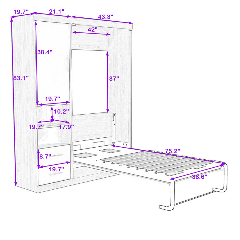 Lit escamotable avec tablettes de rangement et tiroirs Lotshaw, Simple