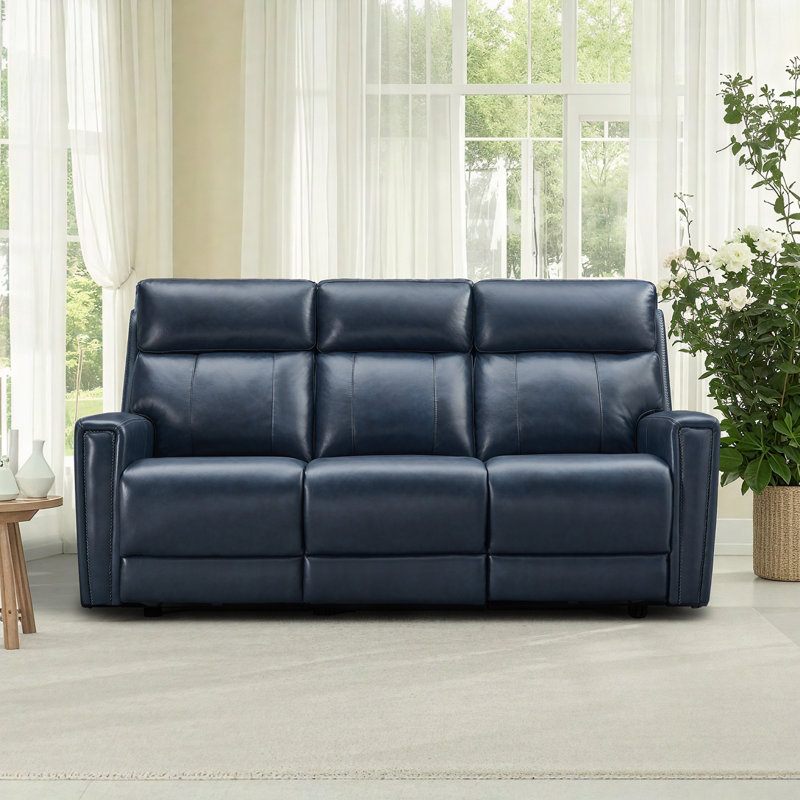 One Harnish 3 Seater Living Room Sofa Genuine Power Reclining Sofa with Cup Holders, Navy Blue