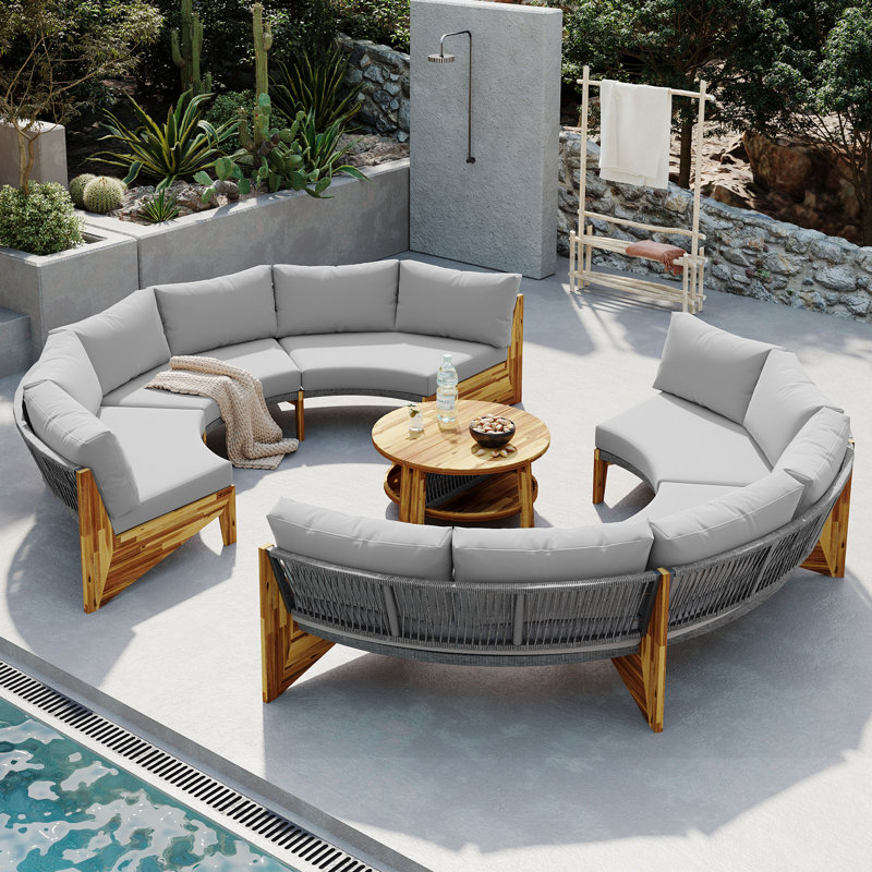 Isaias Outdoor 3-Piece Half Moon Acacia Wood Conversation Set, Gray