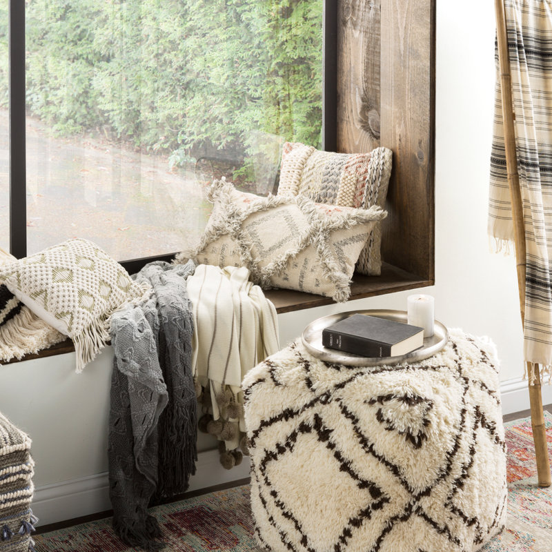 Ivory and Gray Knitted Pom-Pom Throw Blanket