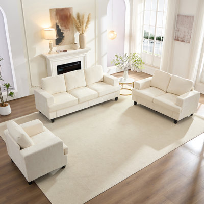 Chenille 3-Piece Sofa Set for Small Spaces - Apartment Size (Sofa+Love Seat+Armchair), Removable Washable Covers, Solid Wood Frame, Compact Living R by Latitude Run