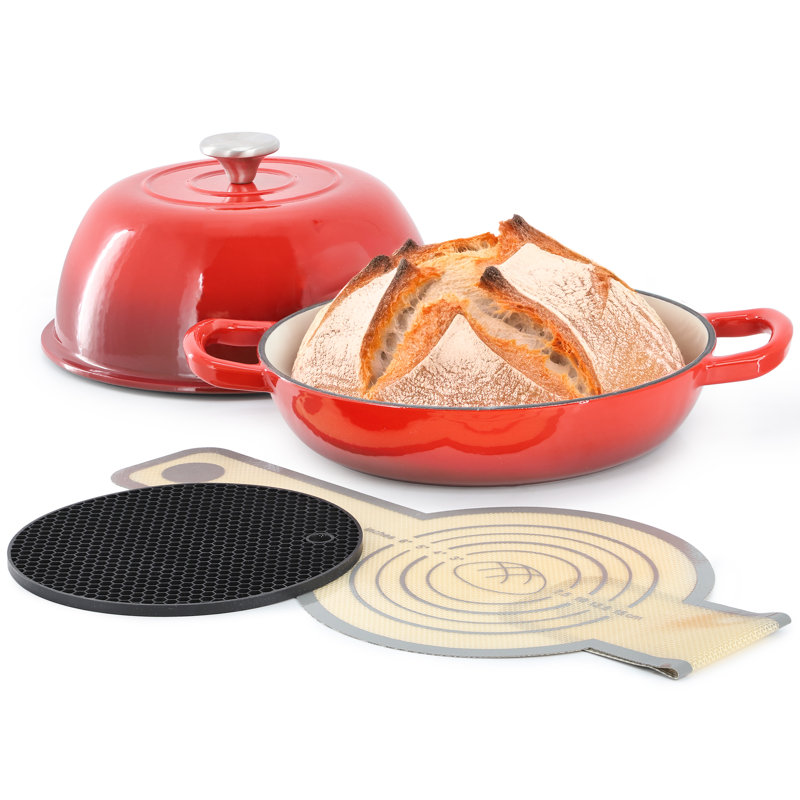 Pot à pain en fonte émaillé 6 pintes en rouge avec tapis de cuisson MegaChef