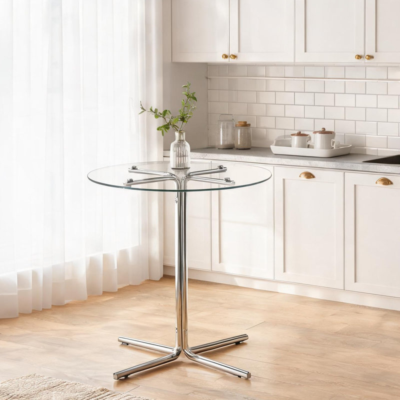 Table de bar ronde en verre 36 pouces avec plateau trempé et base en argent poli à quatre colonnes