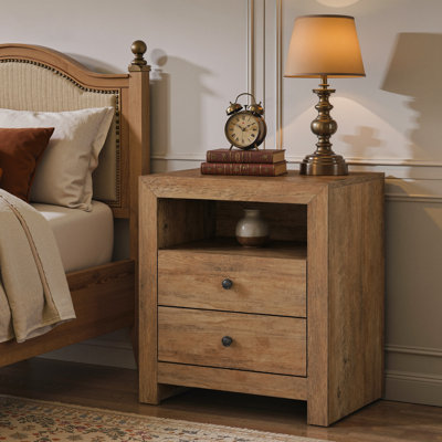 NightStand with 2 Drawers Storage, Farmhouse Bedside Night Stand for Bedroom, Brown