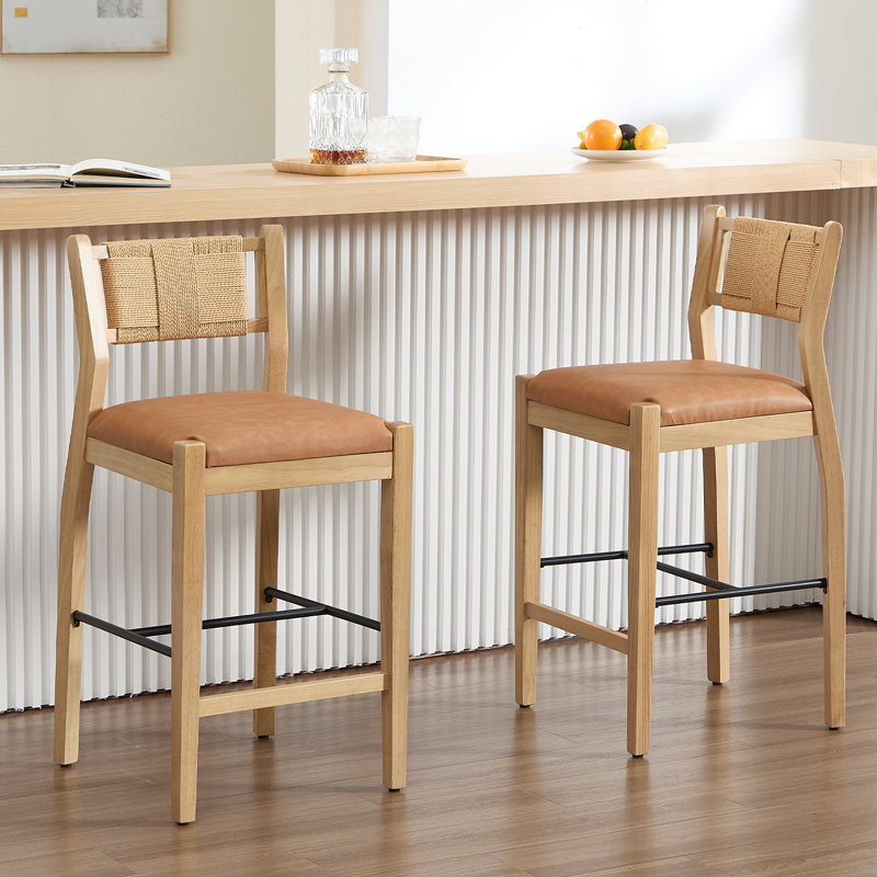 Farmhouse Solid Wood Barstool With Braided Rope Backrest, Upholstered Low Barstool For Bar And Kitchen Island Set Of 2, Brown
