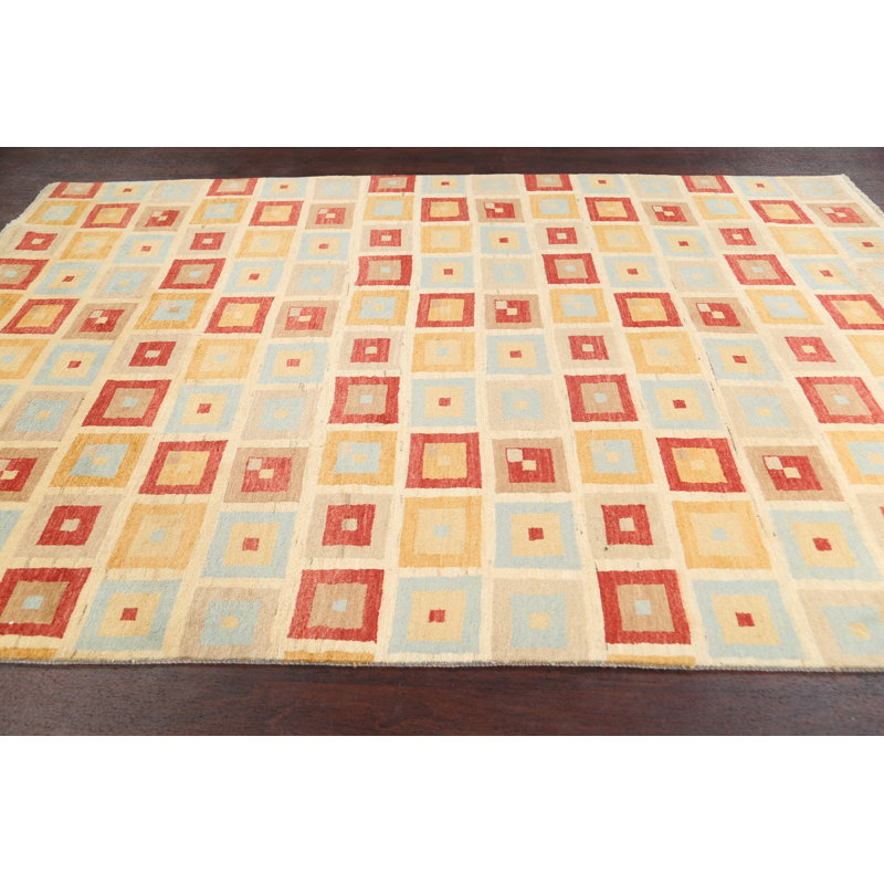Tapis décoratif en laine de conception unique 6 pi 3 po x 9 pi 7 po noué à la main New Age Gabbeh rouge/gris/beige