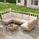 Ensemble de mobilier de patio extérieur, ensemble de canapé de conversation en osier 7 pièces pour canapé modulaire d'extérieur, canapé en rotin toutes saisons avec table et coussins pour le jardin, la piscine, la cour arrière