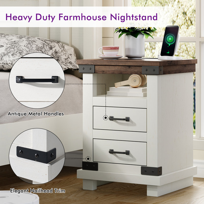 Quan Farmhouse Nightstand With Charging Station, White, White/Brown, 1