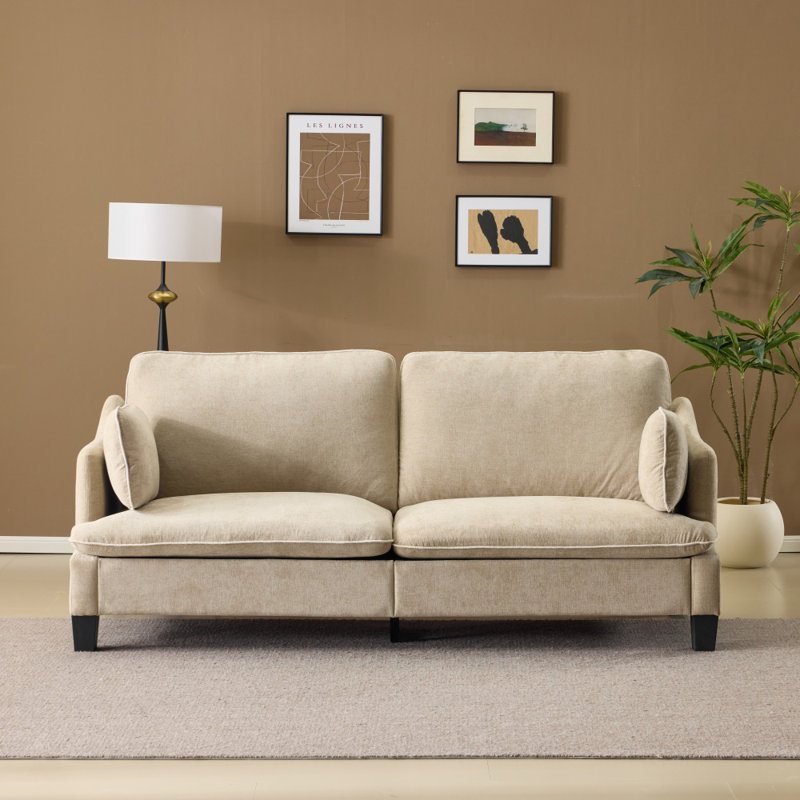  83.86"W Linen Blend Piped T-Cushions 2-Seat Loveseat Sofa, Khaki
