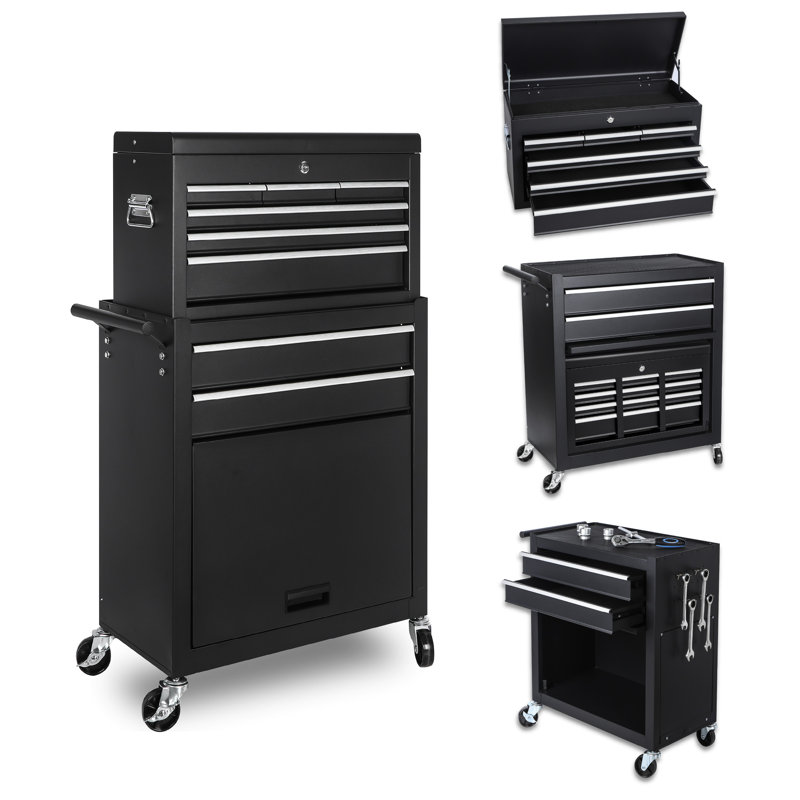 Armoire à outils en métal avec 8 tiroirs, plateau amovible, acier robuste, roulettes verrouillables