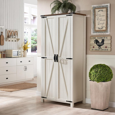 32'' Wide 4-tier Storage Cabinet With Adjustable Shelves With 2 Barn Doors Rustic Armoire Cabinet W/hanging Rod For Kitchen, Bedroom, Laundry