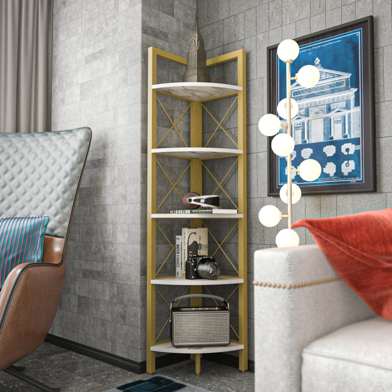 Talty 160cm H Corner Bookcase, White Marble and Gold