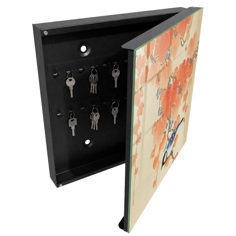 Key cabinet for wall, Opens to the right, 30x30x5, White, Blue bird against a background of autumn leaves, 