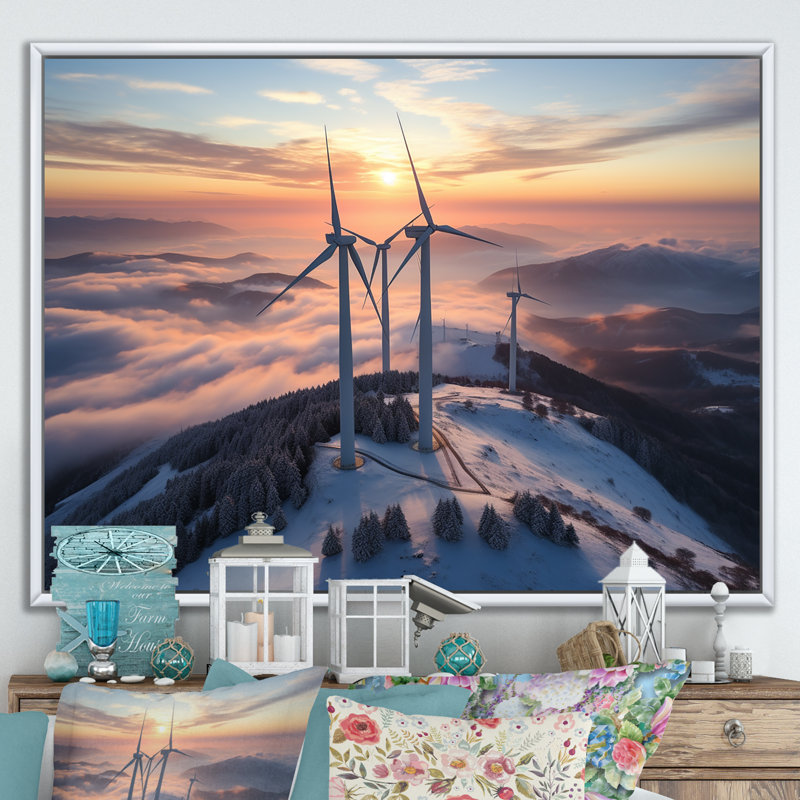«Sunset Wind Turbines Mountain View IV - Wind Turbines», art mural, H 24 po x l 32 po x P 1 po, Cadre flottant blanc