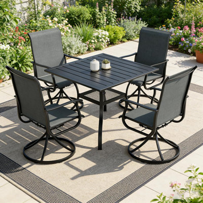 4-Person Patio Dining Set with Square Metal Dining Table and Swivel Rocker Dining Chairs (Grey)