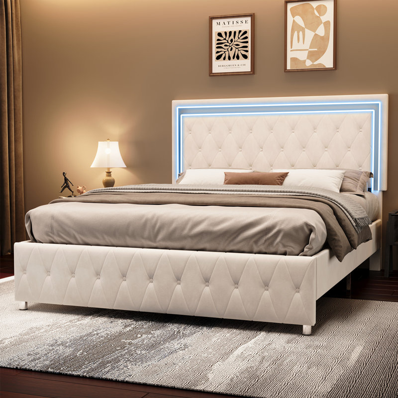 Lit standard capitonné Gerasim, Lit double, Crème