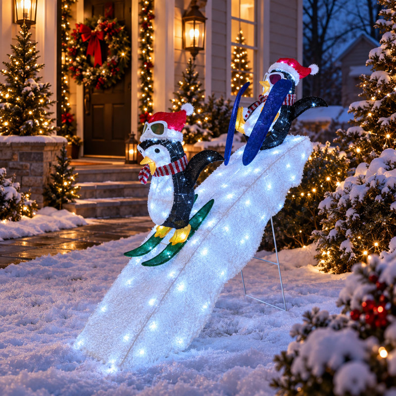 Duo de pingouins skieurs joueurs de 1,20 m sur une piste enneigée - Décoration lumineuse de Noël pour jardin