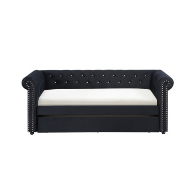 Luxurious 1Pc Modern Aesthetic Beautiy Button Tufted Nailhead Trim Design Daybed Built-In Pull-Out Trundle Bed Living Space Guest Room Bedroom