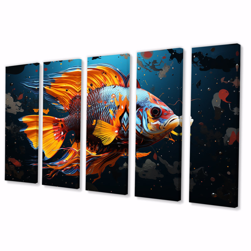 «Orange Pop Art Fish Marine Burst I 5 pièces» - 5 pièces, H 32 po x l 80 po